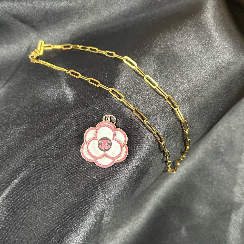 Chanel Pink and Gold Flower Pendant Necklace